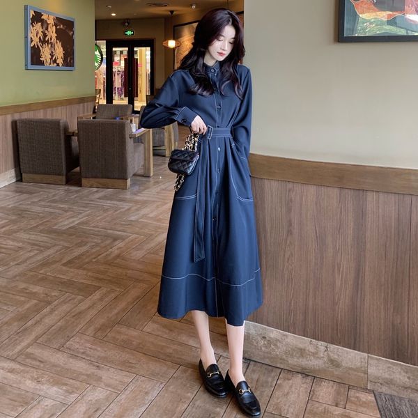 

autumn 2020 new style open line waist tie show thin medium temperament long sleeve skirt women's dress