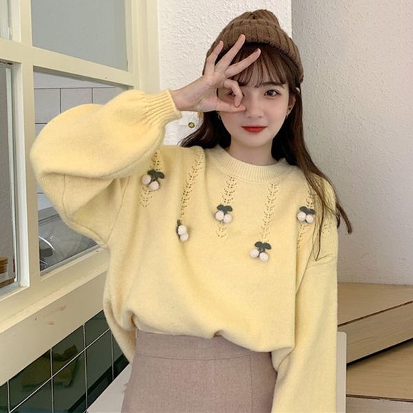 

new pullover knit korean version of sweet three-dimensional cherry sweater pullover long sleeve knitwear for women's loose wear 4lvg5 4, White;black