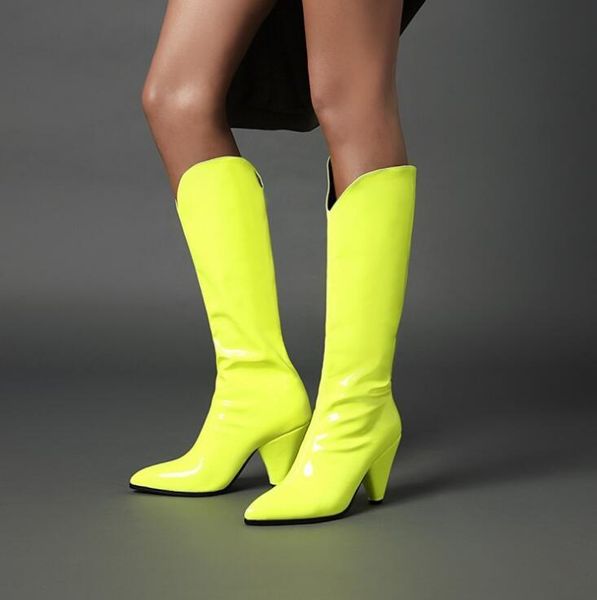 

2020 female synthetic leather western boots winter women knee high boots night club shoes woman big size chunky heels, Black