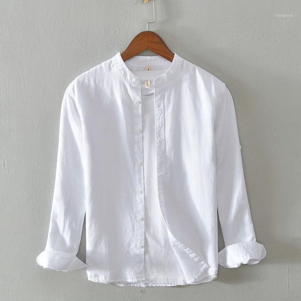 

2020 autumn and summer new men's long sleeve shirt cotton linen stand collar casual shirt comfortable and breathable slim1, White;black