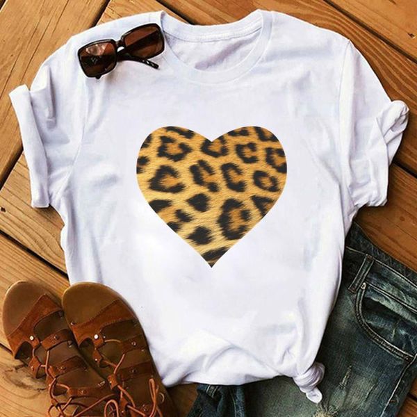 

leopard heart print women tshirt fashion casual o neck female t shirt 90s lady yong girl new valentine's day gifts, White