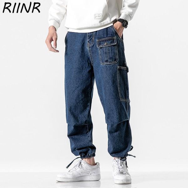 

riinr spring 2020 new arrival multi-pocket drawstring casual jeans m-5xl1, Black