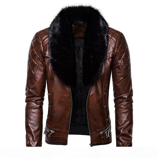 

faux leather jacket fur collar autumn and winter mens leather jacket casual cashmere outerwear thick warm zipper cardigan coat, Black