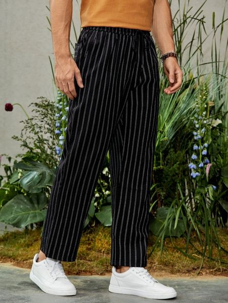 

men vertical striped slant pocket pants o1f2#, Black