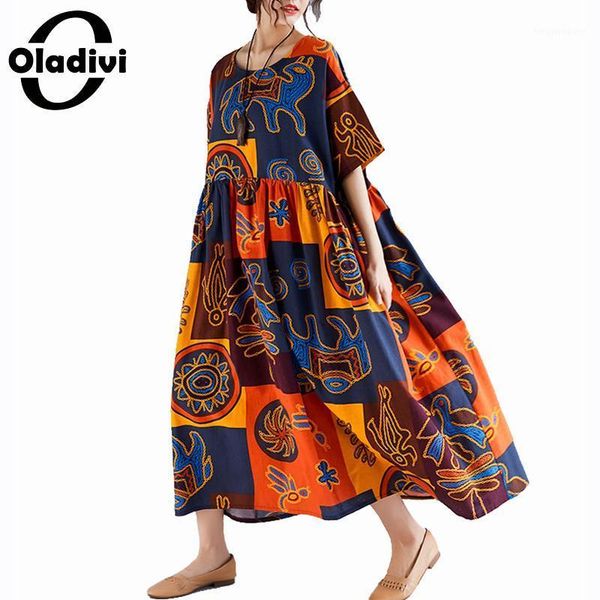 

oladivi oversized dress for women plus size casual cotton linen maxi long dress ladies bohemian dresses tunic female vestido 8xl1, Black;gray