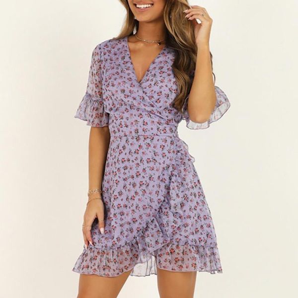 

boho flower printing women lady holiday party mini dress short sleeve holiday clothes v neck ruffle slim bandage a-line sundress1, White;black