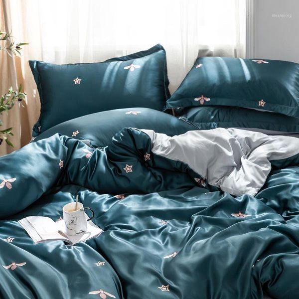 

yvonicky 4pcs bees satin silk bedding set summer cooling home textile king size bed set fitted bedsheet duvet cover pillowcase1