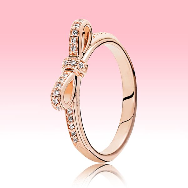 

rose gold plated full crystal bowknot ring beautiful women summer jewelry for pandora 925 silver bow rings with original box sets, Slivery;golden