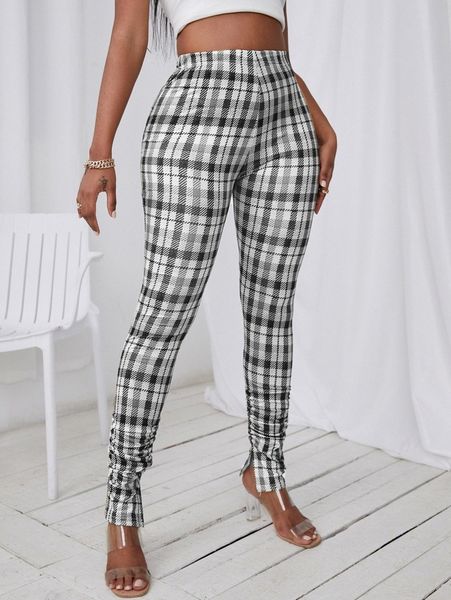 

sxy plaid print slit hem stacked pants e7yy#, Black;white