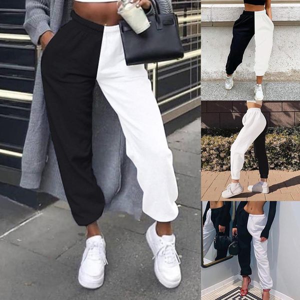 

2020 new baggy high waist jogger pants women sweat pants whiter black color patchwork pants women sweatpants hip hop streetwear, Black;white