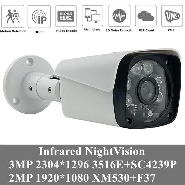 

4pcs 3mp 1080p ip outdoor metal camera 2304*1296 h.265 3516ev200+sc4239p ip66 waterproof ir-cut nightvision onvif p2p cms1