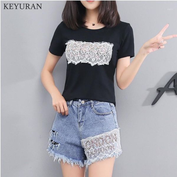 

women letter pattern beaded t shirts+jeans short pants suits summer woman casual lace tshirt hole denim shorts sets l20551, White
