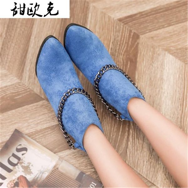 

2020 winter women's boots women's suede high-heeled zipper short boots pointed chain shoes fashion warm ankle, Black