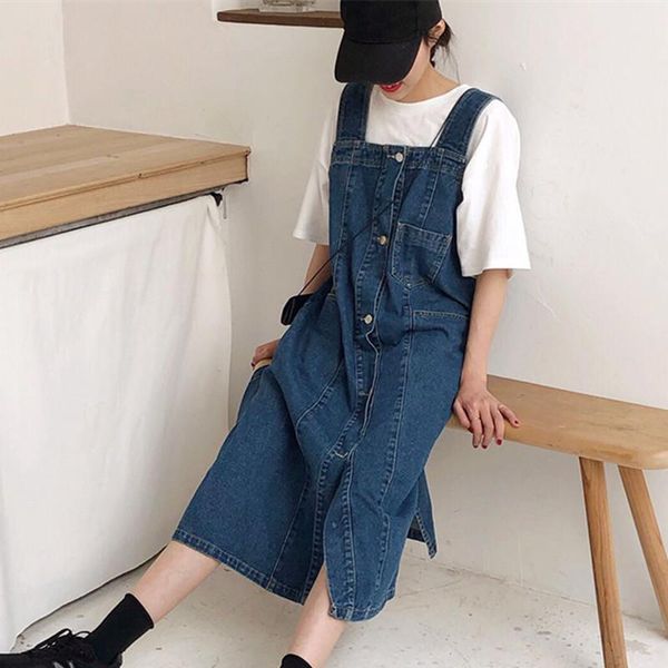 

summer new fashion denim dresses sleeveless multi-pockets single breasted denim dress women loose, Black;gray