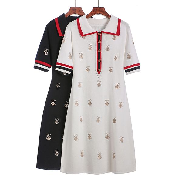 

2020 Spring Summer Knit Cartoon Embroidered Polo Dress Woman Plus Size Black Casual Knee-length Straight Dresses Female