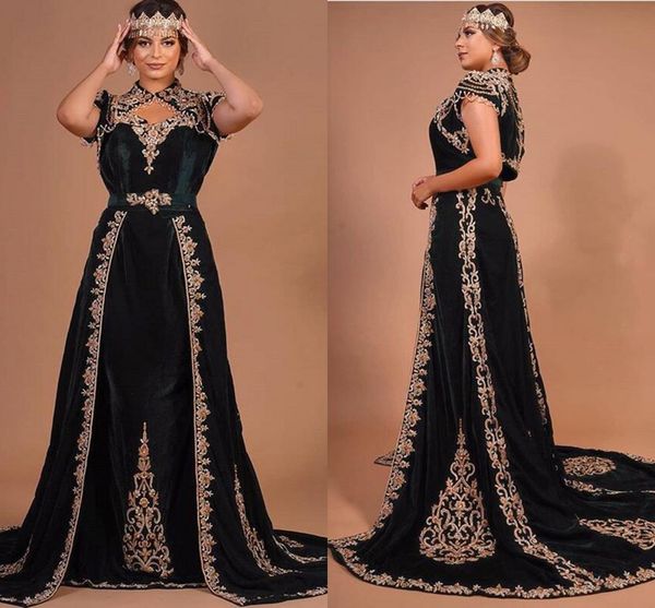 Karakou Algerien Abendkleider aus schwarzem Samt mit Jacke, 2021, goldene Spitze, Stickerei, Marokko, Kaftan, muslimisches Abendkleid