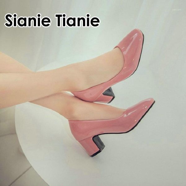 

sianie tianie 2020 spring summer patent pu leather thick med heels ladies office career pumps dress bridal slip-on woman shoes1, Black