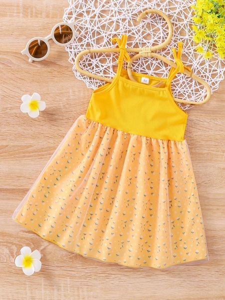 

baby ditsy floral print mesh hem cami dress she, Red;yellow