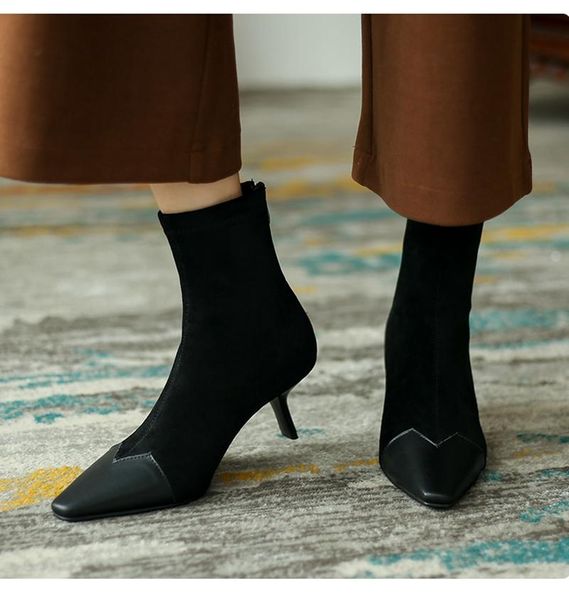

boots autumn winter elegant fashion pointed short zip thin heel big size 46 elastic leather velvet women ankle shoes q8839, Black
