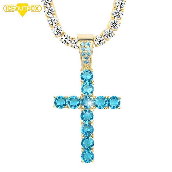 

chains hip hop alloy gold color cross pendant necklace religious iced out crystal with blue jewelry for men cuban chain, Silver