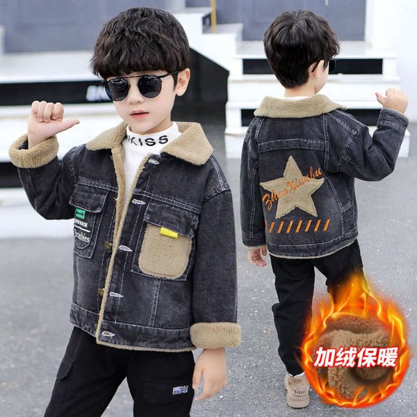 

coat denim boys' mid autumn plush and early winter children's wear embroidered thick korean cardigan top, Black