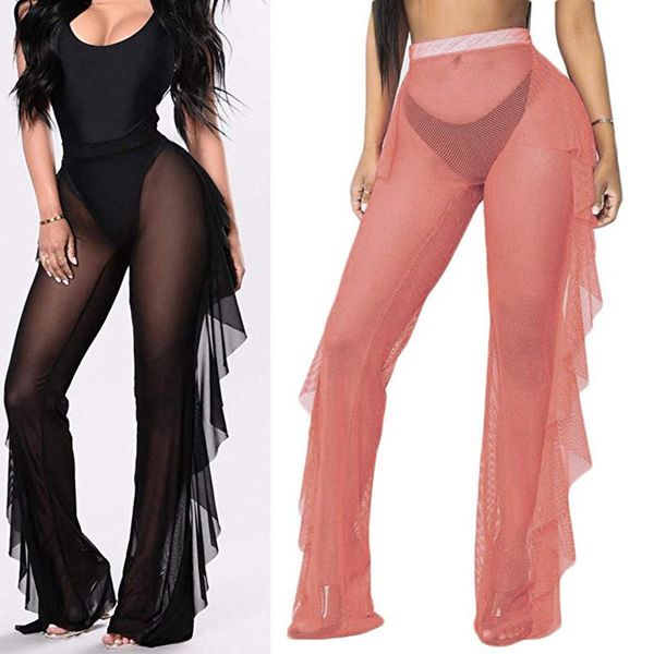 

yoga outfits women perspective mesh sheer swim pants bikini bottom cover up ruffle clubwear ldf668, White;red