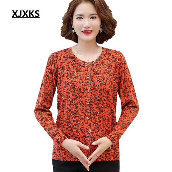 

xjxks 100% wool knitted sweater women cardigan 2021 autumn winter new fashion printed single-breasted women sweater jacket, White