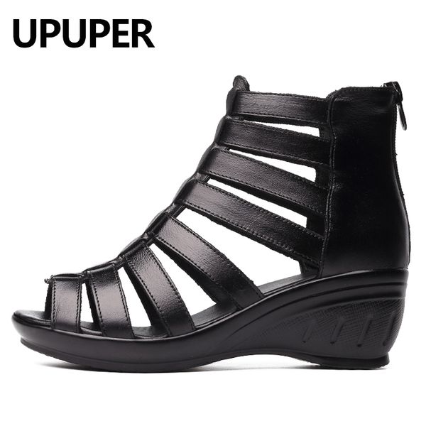 

upuper genuine leather gladiator sandals women breathable summer shoes woman black wedges ladies shoes with zipper women's shoes y20070