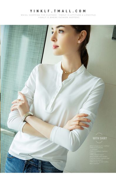 

autumn winters v-neck render into new long sleeve t-shirt female jacket unlined upper garment 201125, White