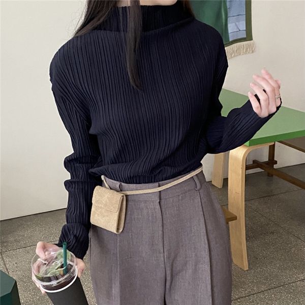 

2021 new elegant turtleneck plied mesh pullover lady in vintage office sleeves long female shirts spring fall o74r, White