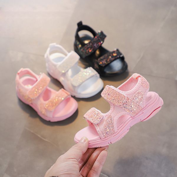 

little baby summer white pink sequin princess for kids girls glitter beach sandals shoes new 2020 1 2 3 4 6 years, Black