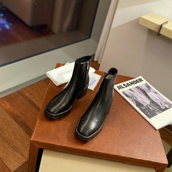 

crystal luxury women shoes genuine leather square heel zipper square toe fashion black white ankle boots