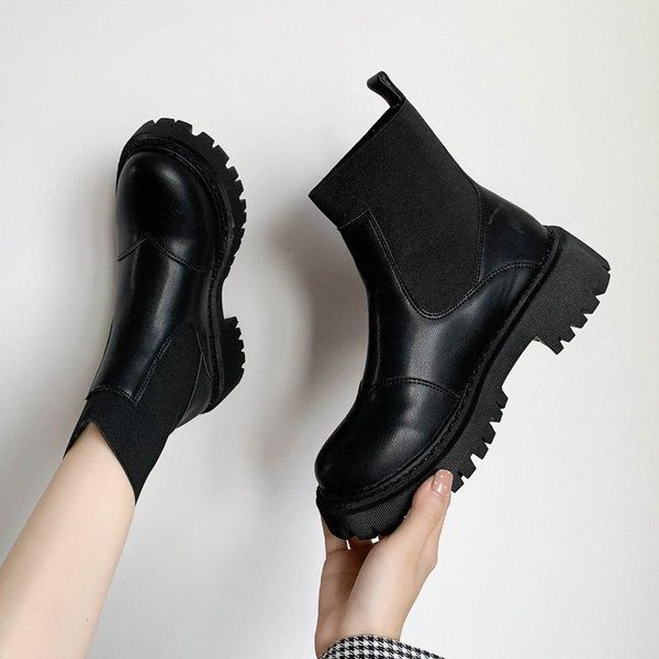 

women's boots autumn fashion womens shoes 2020 round toe boots-women booties ladies punk rock med ankle rubber summer, Black