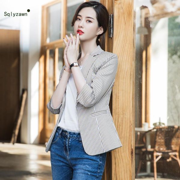 

women fashion korean stripe printed business blazer formal office lady slim black white jacket elegant coat plus size 3xl 4xl, White;black