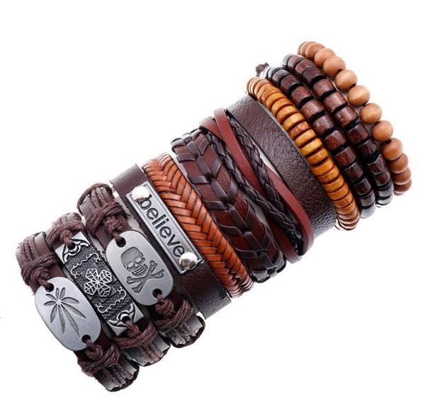 

vintage woven cowhide bracelet diy 12 style 12 piece suit men's leather chain arm ornament cross skull wooden bead hand string, Golden;silver