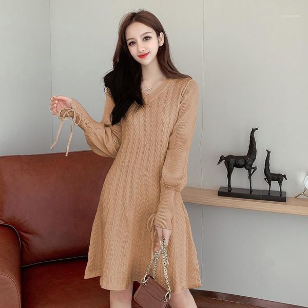 

autumn winter slim solid color v-neck long sleeve knitted dress 2020 new women casual a-line sweater dress women's clothing1, Black;gray