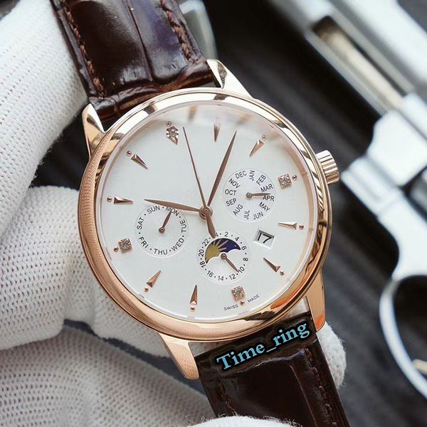 

version 5146j-001 white date dial rose gold steel case 9100 automatic mechanical movement sapphire mens watch leather strap brand watch, Slivery;brown