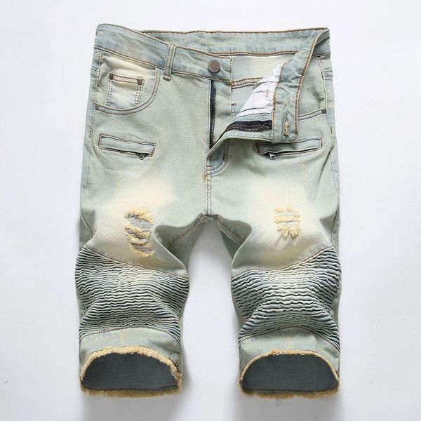 

2020 summer new biker moto mens denim shorts fashion pleated zipper slim fit men jeans shorts, Blue