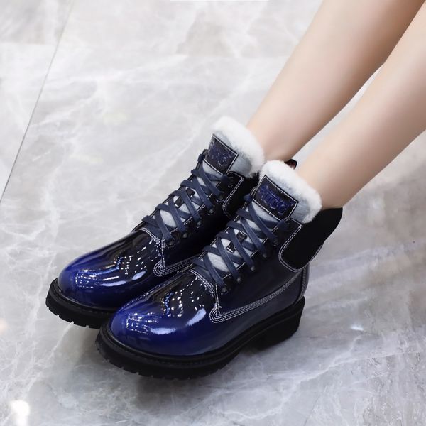 

designer womens boots luxury black blue gradient suture patent leather lace-up with fluff low heel with box size 35-40