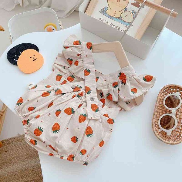 Bebek Bebek Kız Yaz Sinek Kol Baskı Çilek Dış Giyim Toddler Çocuklar Yenidoğan Sunsuits Rahat Tulumlar Tulum 0-24 M G1221