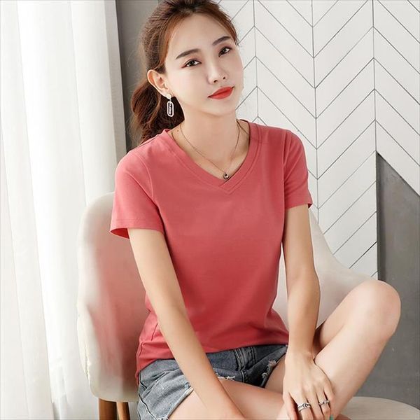 

mrmt 2020 brand new womens t shirt solid color slim and simple t shirt for female short sleeve leisure v collar, White