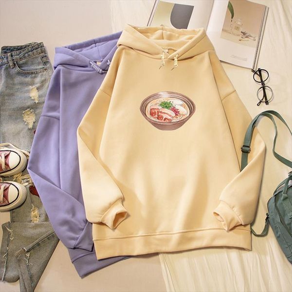 

korean fashion japanese food ramen noodle print oversized sweatshirts men women long sleeve pullover winter couples hoodies, Black