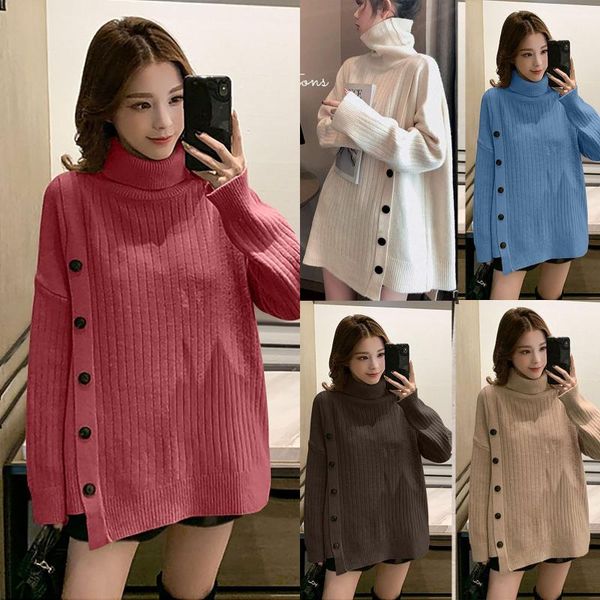 

women's super good sweater jacket winter fashion warm long-sleeved pullover sweater new personality button turtleneck top, White;black