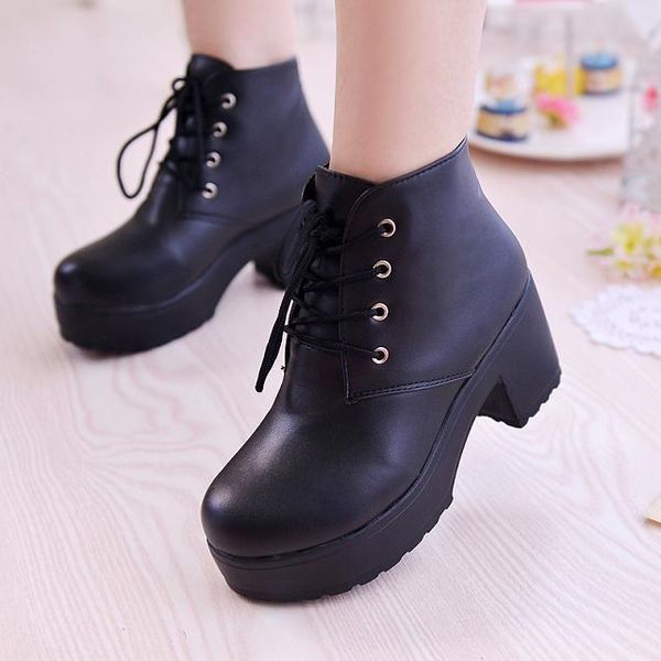 

new fashion women's ankle boots lace up high heels punk platform women autumn spring boots ladies shoes c014, Black