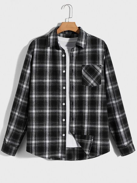 

men tartan print patch pocket single button placket shirt i0ls#, White;black