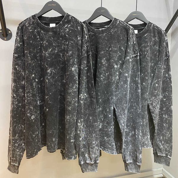 

men's hoodies high street washing old round neck long sleeve t-shirt, Black