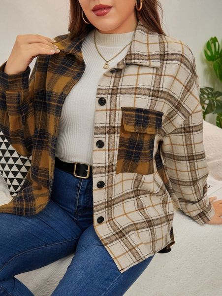 

plus color-block plaid flap pocket drop shoulder blouse a29b#, Black