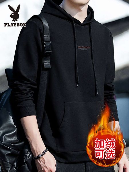 

playboy flagship plush sweater hoodie thickening trend loose fit autumn and winter men's top, Black