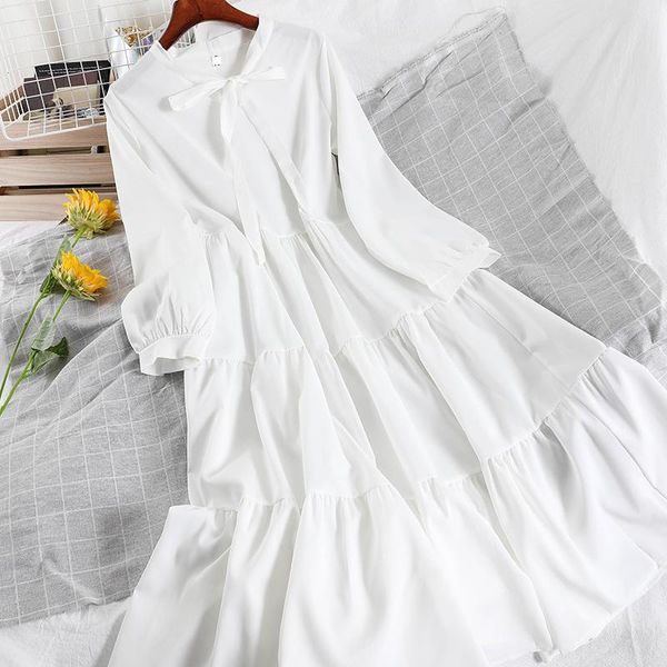 

white dress elegant long sleeve fairy dress woman chiffon bow autumn dresses for women party korean vintage 2021 oversized robe, Black;gray