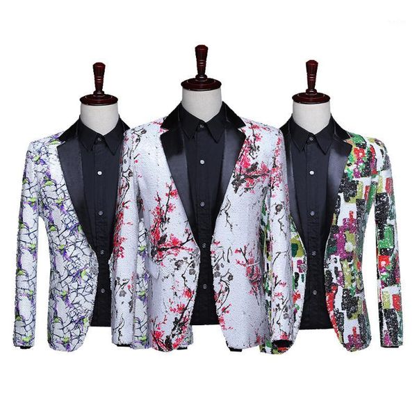 

2020 new colorful printed sequin suit jacket stage performance suit singer host bar personalized performance1, White;black